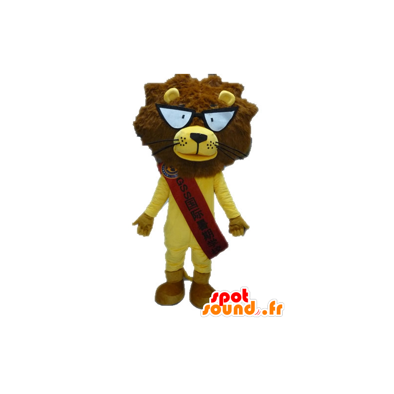 Mascot gelben und braunen Löwen mit Brille - MASFR028641 - Löwen-Maskottchen