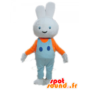 Vit kaninmaskot med blå overall - Spotsound maskot
