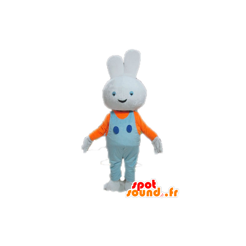 Mascota del conejo blanco con un mono azul - MASFR028642 - Mascota de conejo