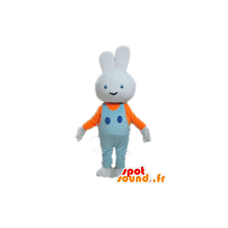 White Rabbit Maskottchen mit blauen Overalls - MASFR028642 - Hase Maskottchen