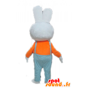 White Rabbit Maskottchen mit blauen Overalls - MASFR028642 - Hase Maskottchen