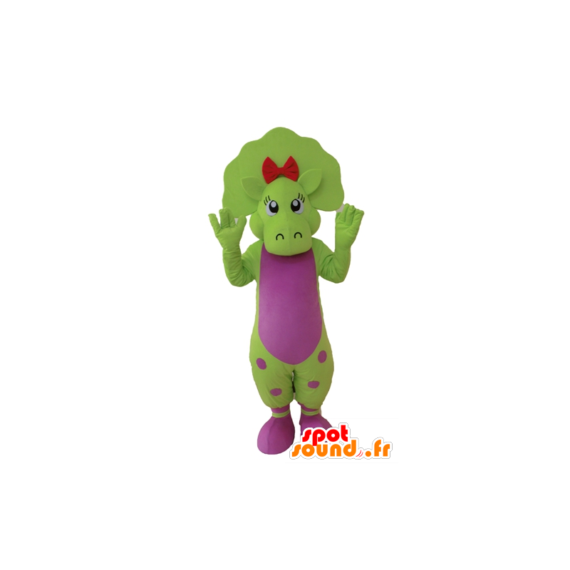 Mascotte de dinosaure vert et rose, à pois - MASFR028653 - Mascottes Dinosaure