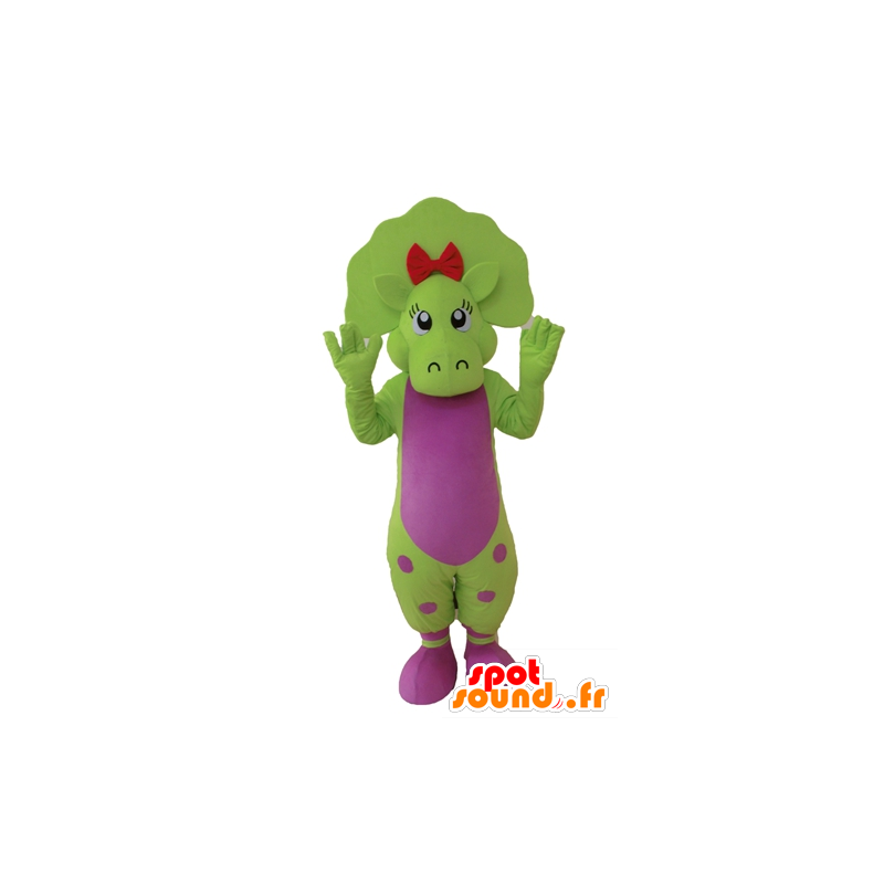 Grøn og lyserød dinosaur maskot, prikker - Spotsound maskot