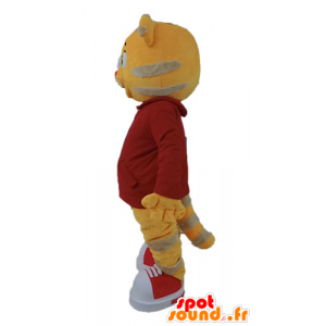 Oranžová a šedá kočka maskot oblečený v červeném - MASFR028655 - Cat Maskoti