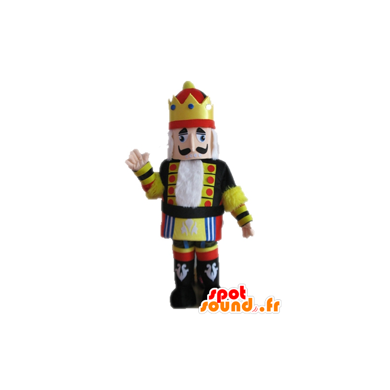 Koning mascotte houdt geel, zwart en rood - MASFR028686 - Human Mascottes