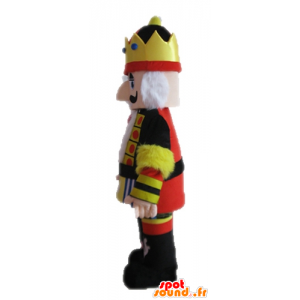Koning mascotte houdt geel, zwart en rood - MASFR028686 - Human Mascottes