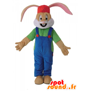 Brązowy królik maskotka ubrana kombinezony - MASFR028694 - króliki Mascot