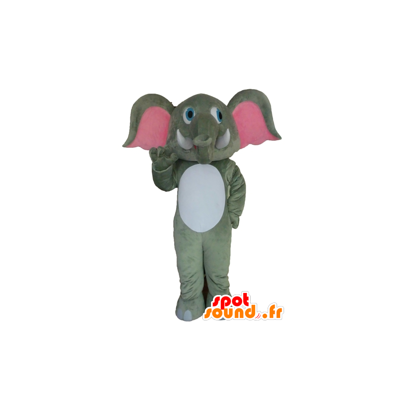 Grå elefant maskot, hvid og lyserød, kæmpe - Spotsound maskot