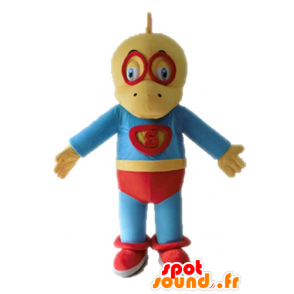 Mascot geel en blauw dinosaurus, verkleed als een superheld - MASFR028702 - Dinosaur Mascot