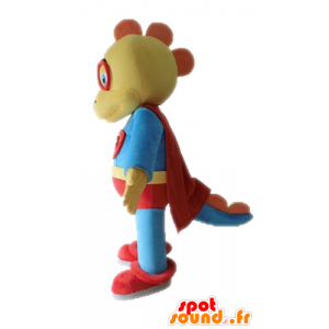 Mascot geel en blauw dinosaurus, verkleed als een superheld - MASFR028702 - Dinosaur Mascot