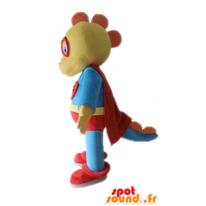 Mascotte de dinosaure jaune et bleu, habillé en super-héros - MASFR028702 - Mascottes Dinosaure