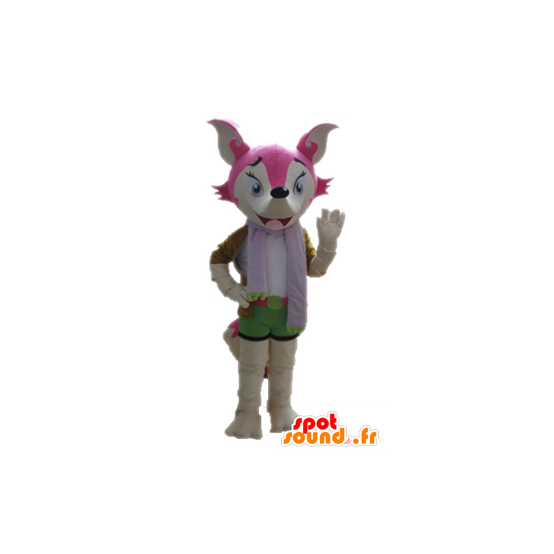 Rosa Fuchs Maskottchen und weiß, weiblich und bunt - MASFR028712 - Maskottchen-Fox