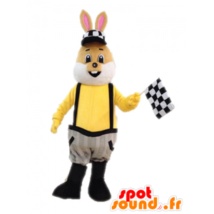 Mascotte de lapin marron et blanc, habillé en salopette - MASFR028715 - Mascotte de lapins