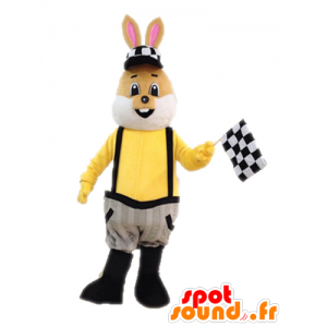オーバーオールに身を包んだ茶色と白のウサギのマスコット-MASFR028715-ウサギのマスコット