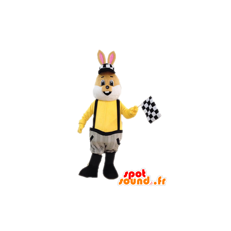 Brown and white bunny mascot dressed in overalls - MASFR028715 - Rabbit mascot