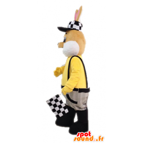 Brun og hvid kanin maskot, klædt i overalls - Spotsound maskot