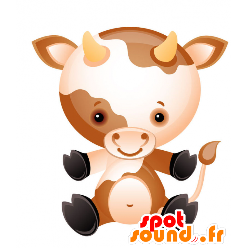 Pequena mascote vaca, castanho e branco, com chifres - MASFR028728 - 2D / 3D mascotes