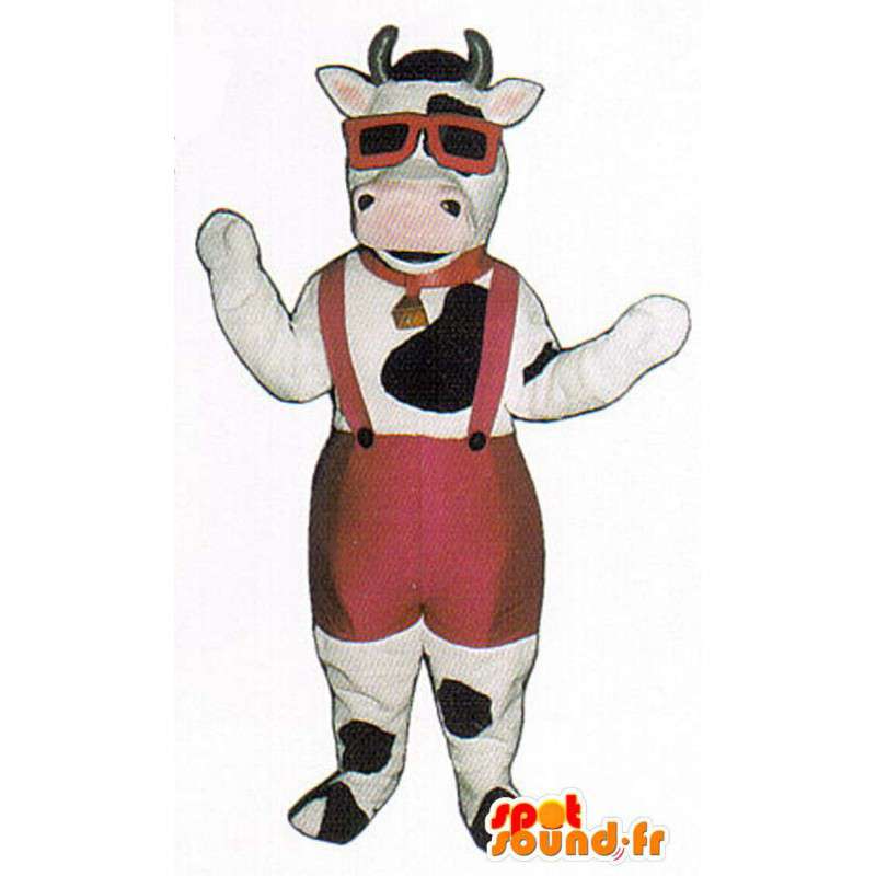 Maskot hvid og sort ko med rød overall - Spotsound maskot