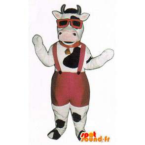 Zwart-witte koe mascotte met een rode jumpsuit - MASFR007292 - koe Mascottes