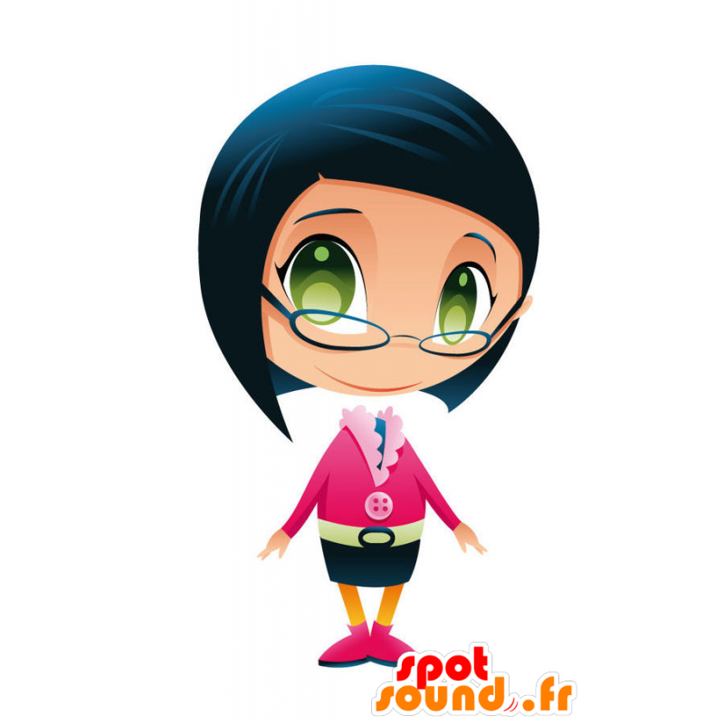 Donna mascotte con gli occhiali in abito colorato - MASFR028753 - Mascotte 2D / 3D