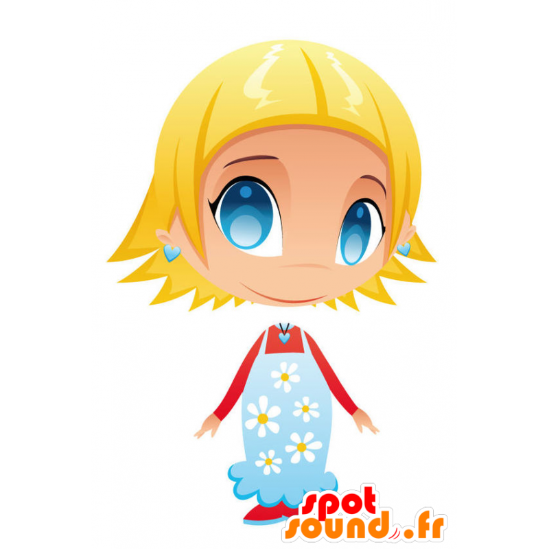 Mädchen-Maskottchen mit blauen Augen mit einem geblümten Kleid - MASFR028757 - 2D / 3D Maskottchen