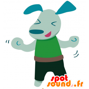 Niebieski pies maskotka ubrana w zielony strój - MASFR028763 - 2D / 3D Maskotki