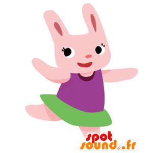 Różowy królik maskotka, ubrany w purpurowe i zielone tutu