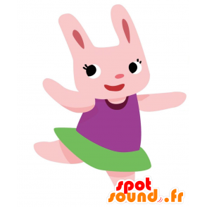 Mascotte de lapin rose, habillé d'un tutu violet et vert - MASFR028768 - Mascottes 2D/3D