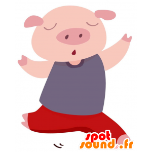 Mascota del cerdo de color rosa vestido de gris y rojo - MASFR028770 - Mascotte 2D / 3D
