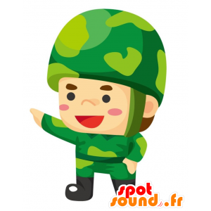 緑の制服を着た兵士のマスコット、ヘルメット付き-MASFR028804-2D / 3Dマスコット