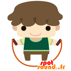 緑と茶色の服を着た小さな男の子の笑顔のマスコット-MASFR028814-2D / 3Dマスコット