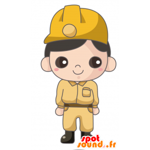 Lavoratore con un abito mascotte gialla e casco - MASFR028855 - Mascotte 2D / 3D