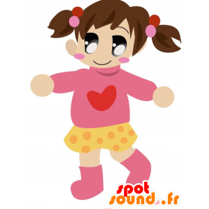 Kleine Mädchen Maskottchen mit zwei Bettdecken und einem rosa Pullover - MASFR028866 - 2D / 3D Maskottchen
