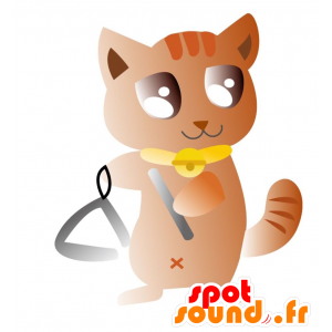 Mascotte de chat marron avec un collier et un grelot jaune - MASFR028871 - Mascottes 2D/3D