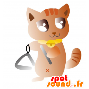 Mascota del gato marrón con un collar y una campana de color amarillo - MASFR028871 - Mascotte 2D / 3D