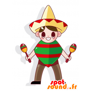 Mexikansk pojkemaskot, med en poncho och en sombrero -