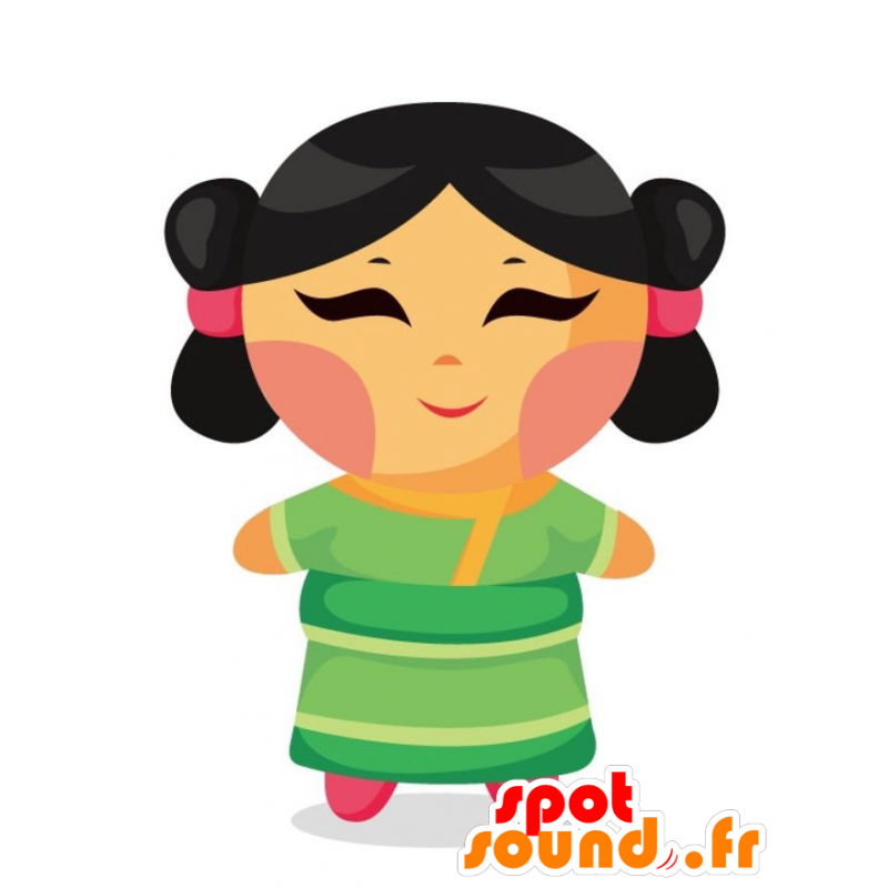 Grön klädd asiatisk kvinna för maskotbrunett - Spotsound maskot