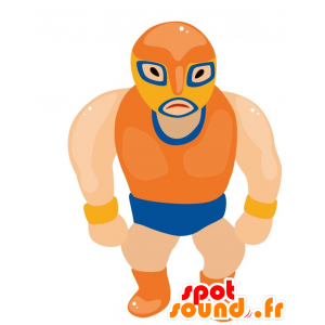 Maskot zápasník oblečený v oranžové a modré - MASFR029021 - 2D / 3D Maskoti