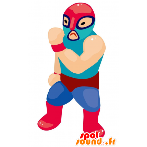 Blå, rød og lyserød brydermaskot - Spotsound maskot kostume