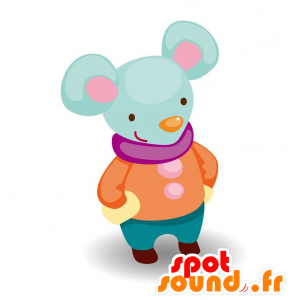 オレンジとブルーの服を着た青いマウスのマスコット-MASFR029093-2D / 3Dマスコット