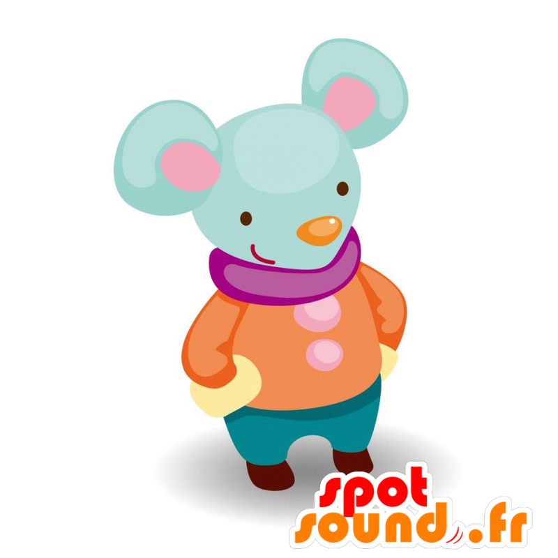 Mascotte de souris bleue, habillée en orange et bleu - MASFR029093 - Mascottes 2D/3D