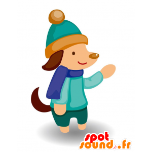 Brun hund maskot kledd i en grønn antrekk for vinteren - MASFR029096 - 2D / 3D Mascots