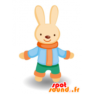 Beige bunny mascot, colored winter dress - MASFR029097 - 2D / 3D mascots