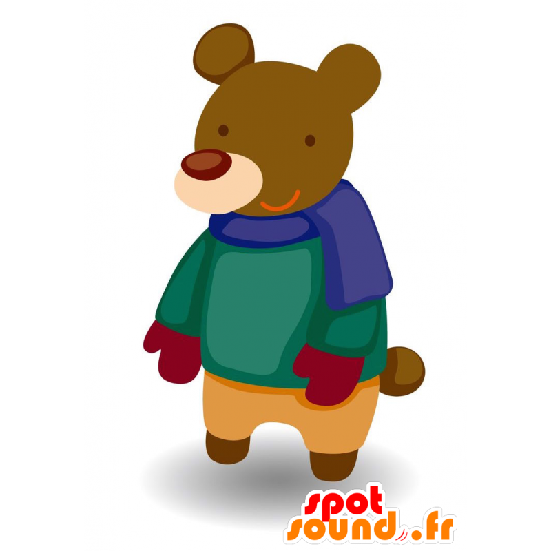 Mascotte d'ours brun habillé d'une tenue d'hiver colorée - MASFR029098 - Mascottes 2D/3D