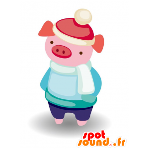Mascota del cerdo de color rosa con una bufanda y un sombrero - MASFR029100 - Mascotte 2D / 3D