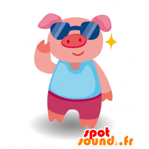 Mascota del cerdo de color rosa con gafas de sol - MASFR029102 - Mascotte 2D / 3D