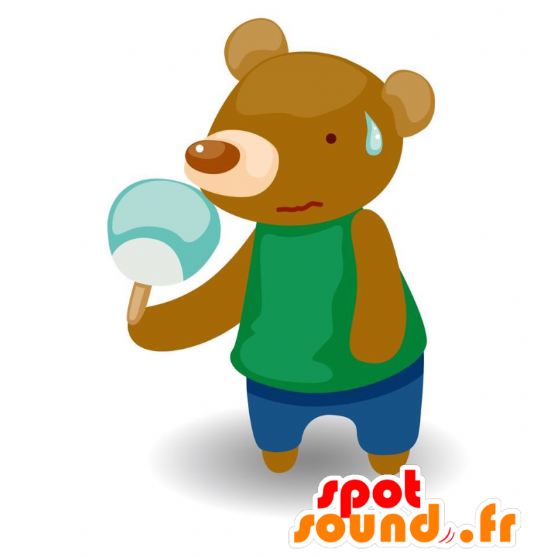 Brun bjørnemaskot med en is. Bamse maskot - Spotsound maskot