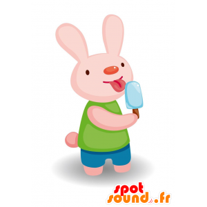 Rosa kaninmaskot med en glass. Sommarmaskot - Spotsound maskot