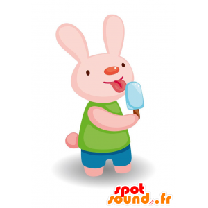 Růžový králík maskot s ledem. léto maskot - MASFR029106 - 2D / 3D Maskoti