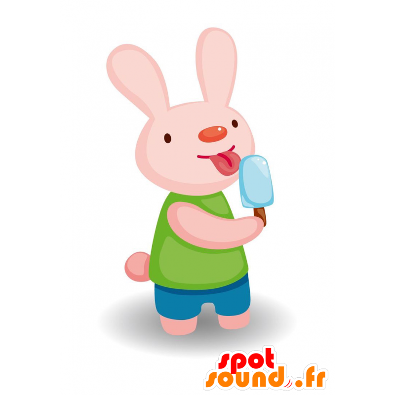 Růžový králík maskot s ledem. léto maskot - MASFR029106 - 2D / 3D Maskoti